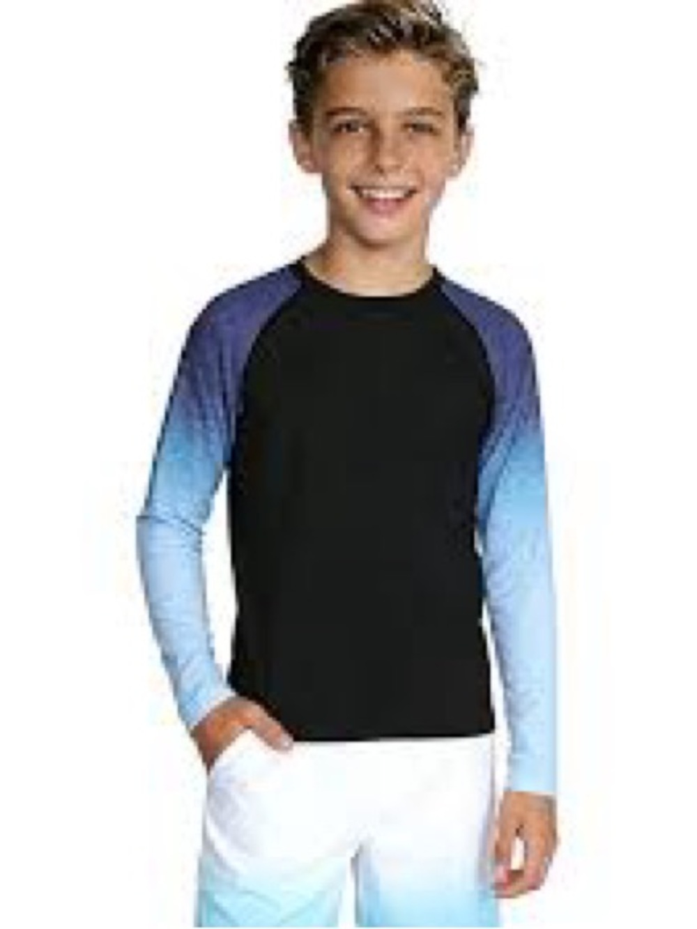 NWT Kids Black Rash Guard Swim Shirt with Blue Ombre Sleeves